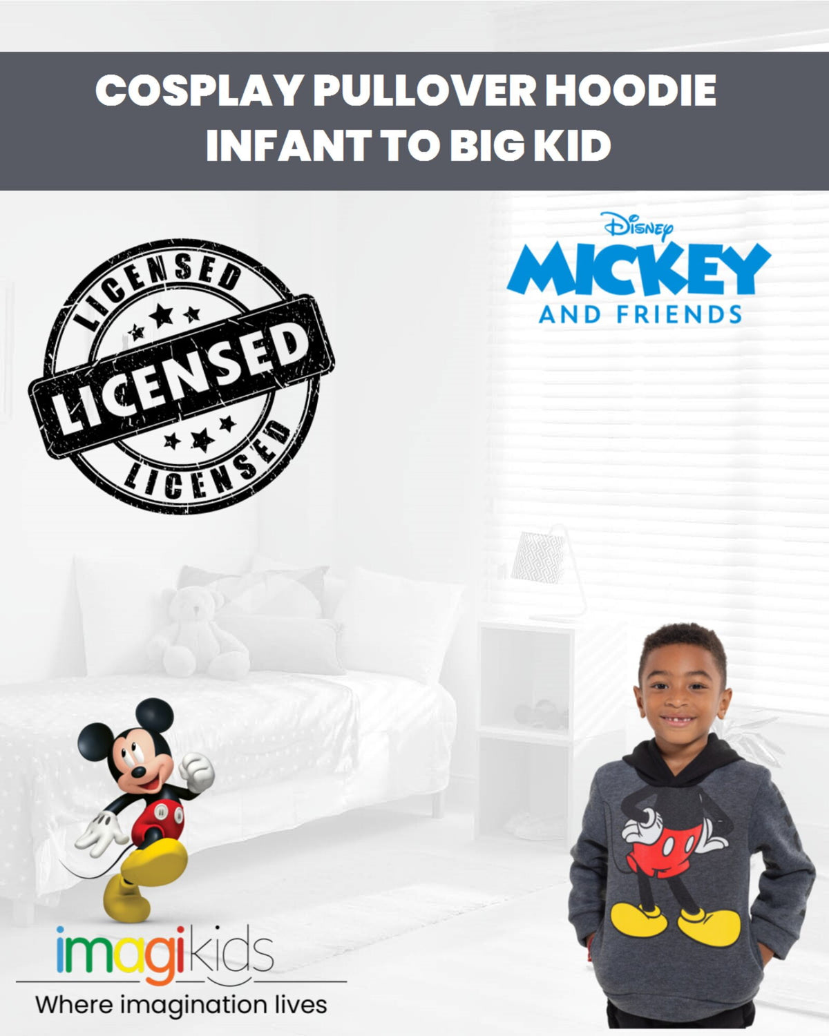 Disney Mickey Mouse Toddler Boys Fleece Cosplay Pullover Hoodie Toddler to Big Kid