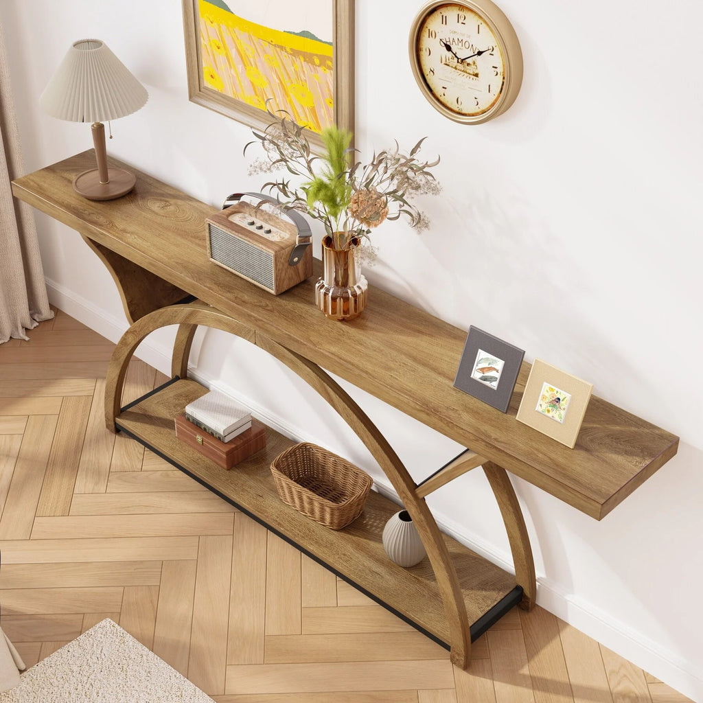 2-Tier Slim Console Sofa Table, Engineered Wood and Metal - 11.81 in D x 70.87 in W x 33.46 in H