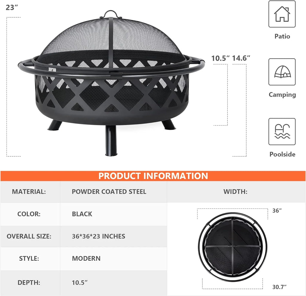 SUNCREAT 42-Inch Wood Burning Patio Fire Pit, Black, 42.1 Inch Diameter x 25.2 Inch High