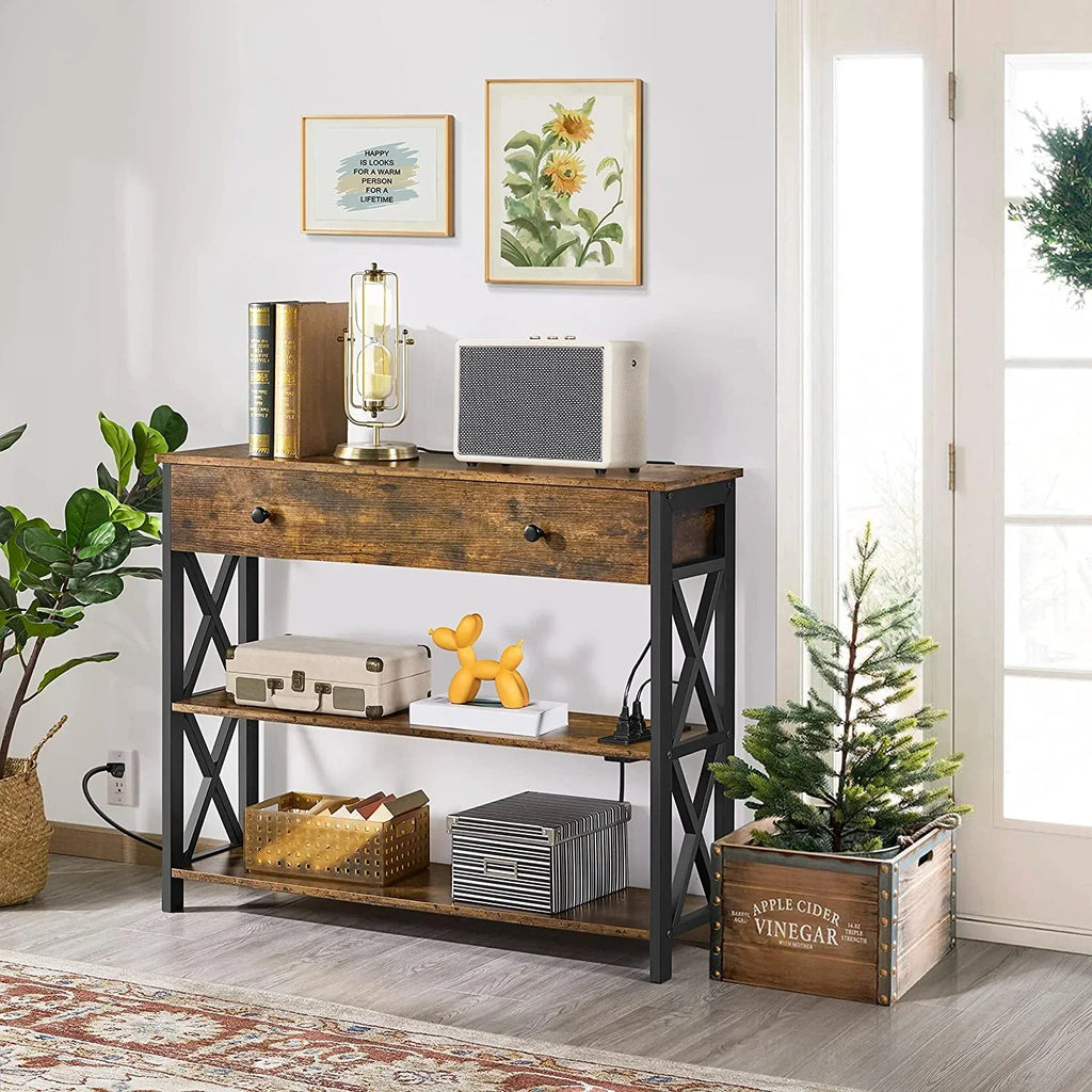 Console Table With Drawer And 3 Tier Storage Shelves