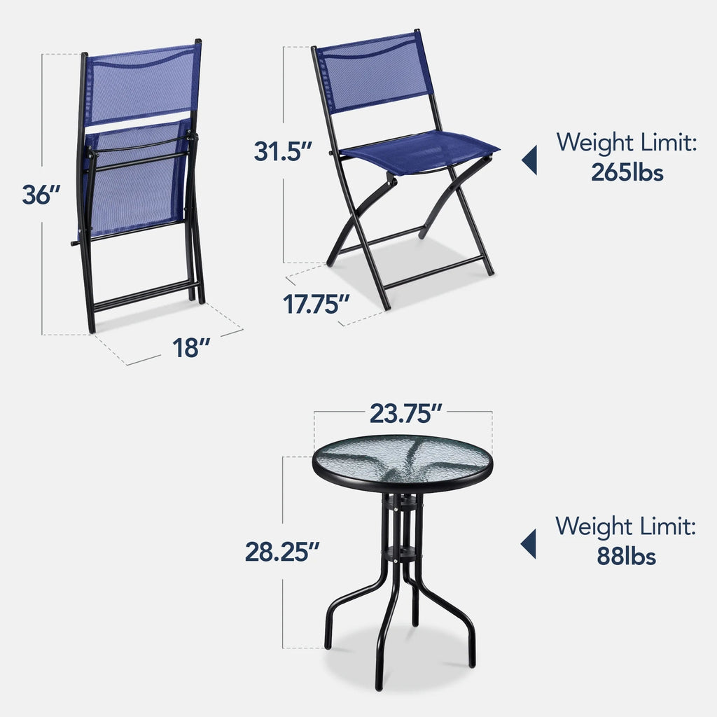 Best Choice Products 3-Piece Patio Bistro Dining Set With Glass Tabletop And Folding Chairs - Gray