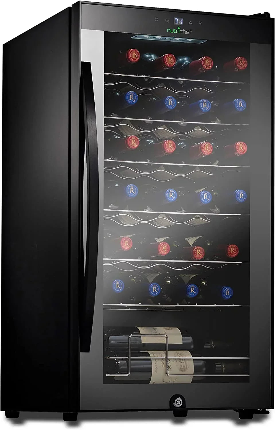 NutriChef Compressor Wine Cooler Refrigerator, 28 Bottle, Black Glass Door