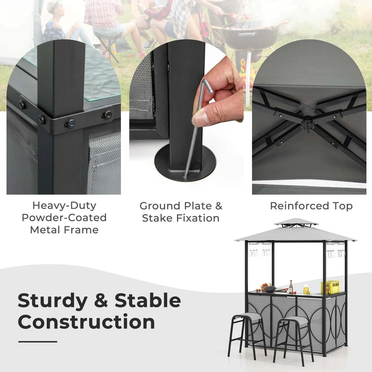 Costway 3-Piece Grill Gazebo Bar Set With 2 Bar Stools And Tempered Glass Top - Grey
