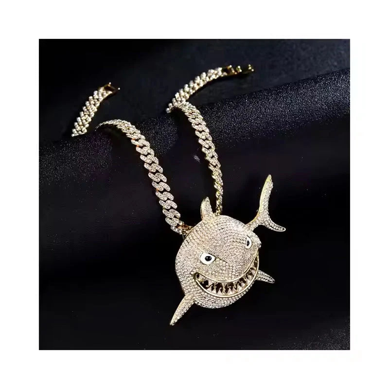 Shark Pendant Necklace With 20in Cuban Link Chain, 13mm Width