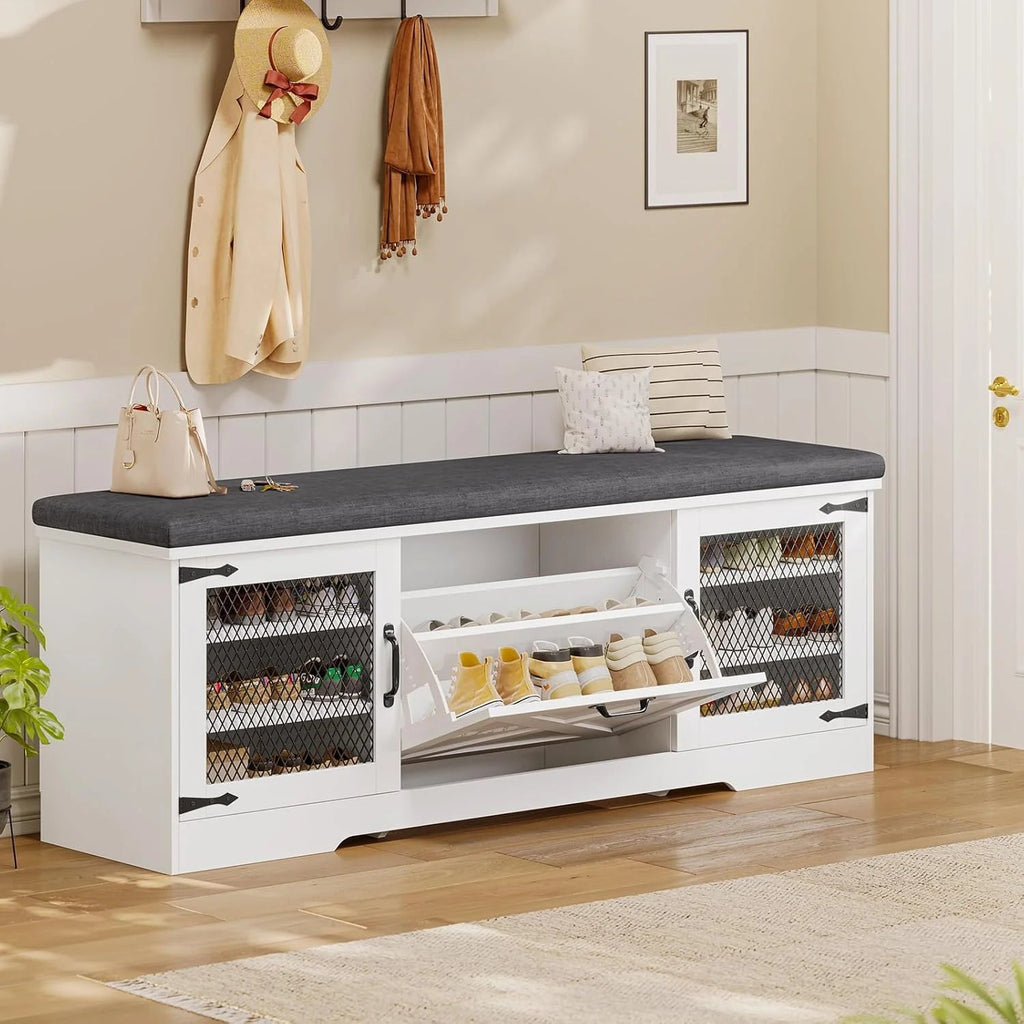 Farmhouse Shoe Storage Bench With Cushion, 31.4in, Metal Barn Door, Old White