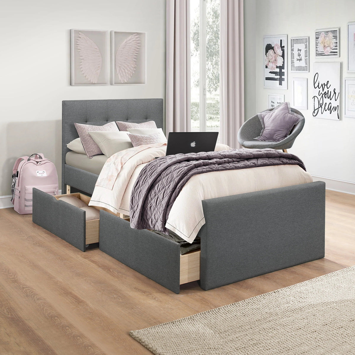 Hillsdale Living Essentials Upholstered Twin Platform Bed With 2 Storage Drawers, Gray