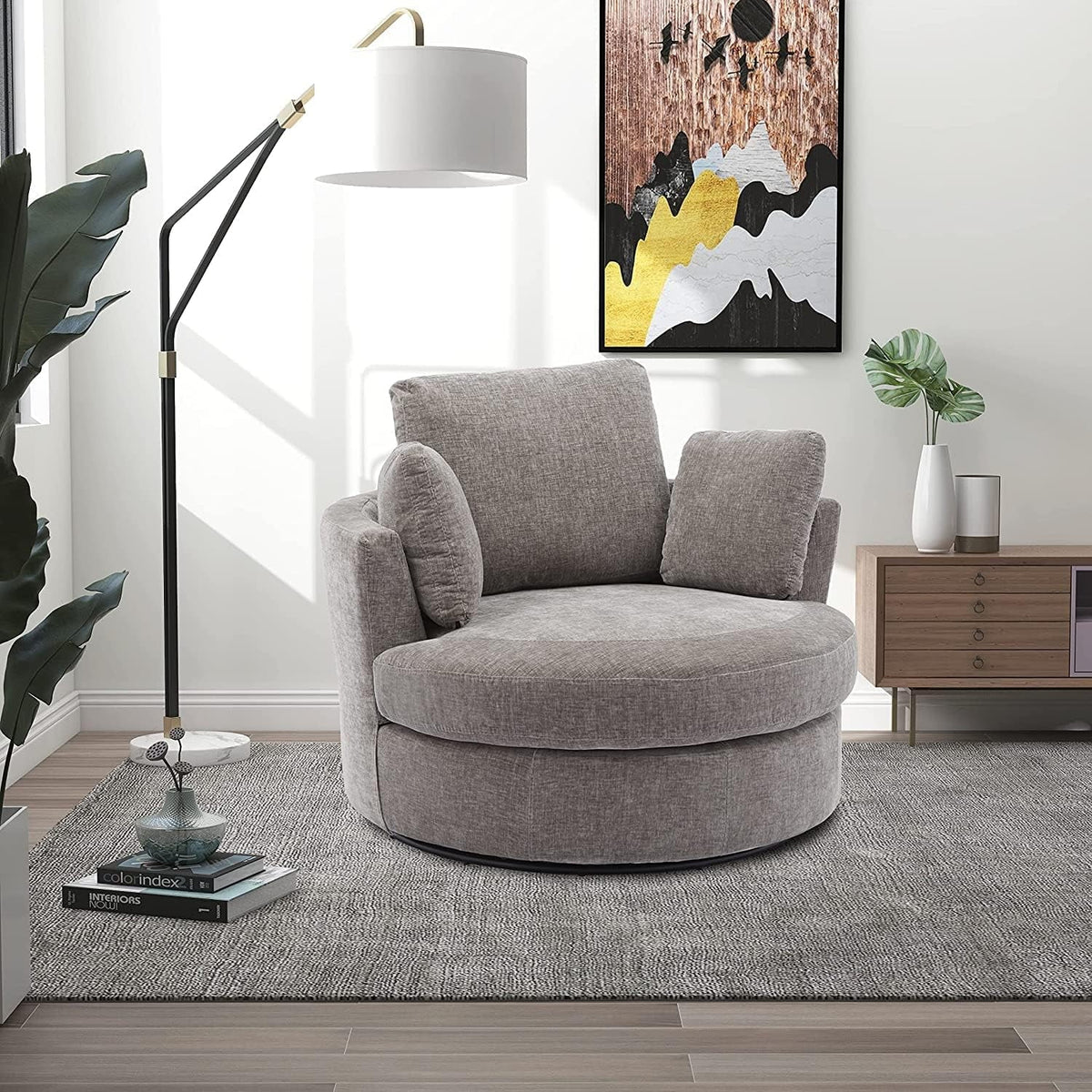 42in W Swivel Barrel Chair, Chenille Fabric, Grey