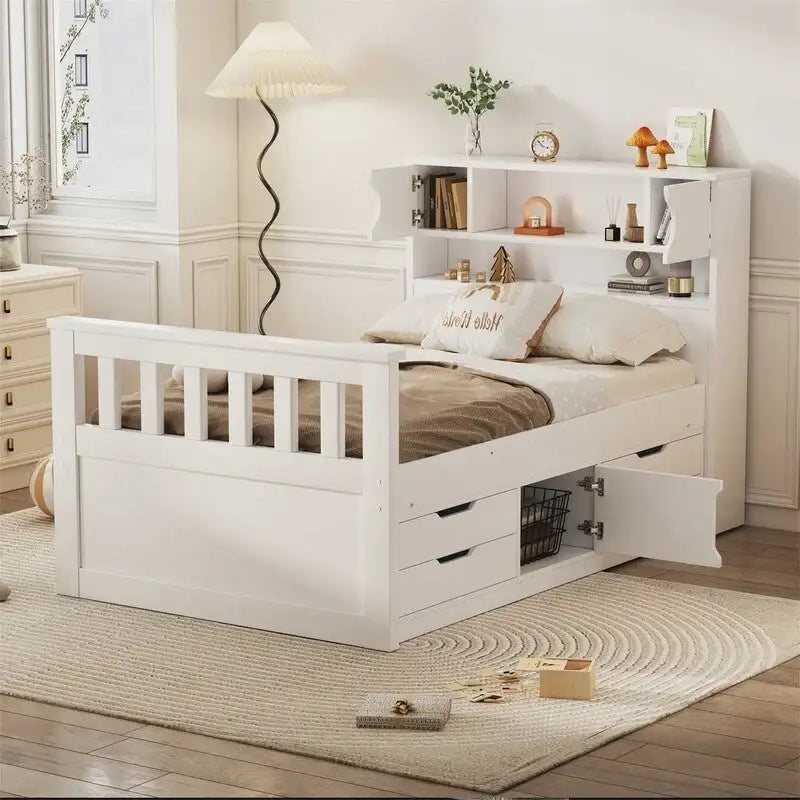Twin/Full Captain Platform Bed With 4 Drawers And Storage Bookcase Headboard