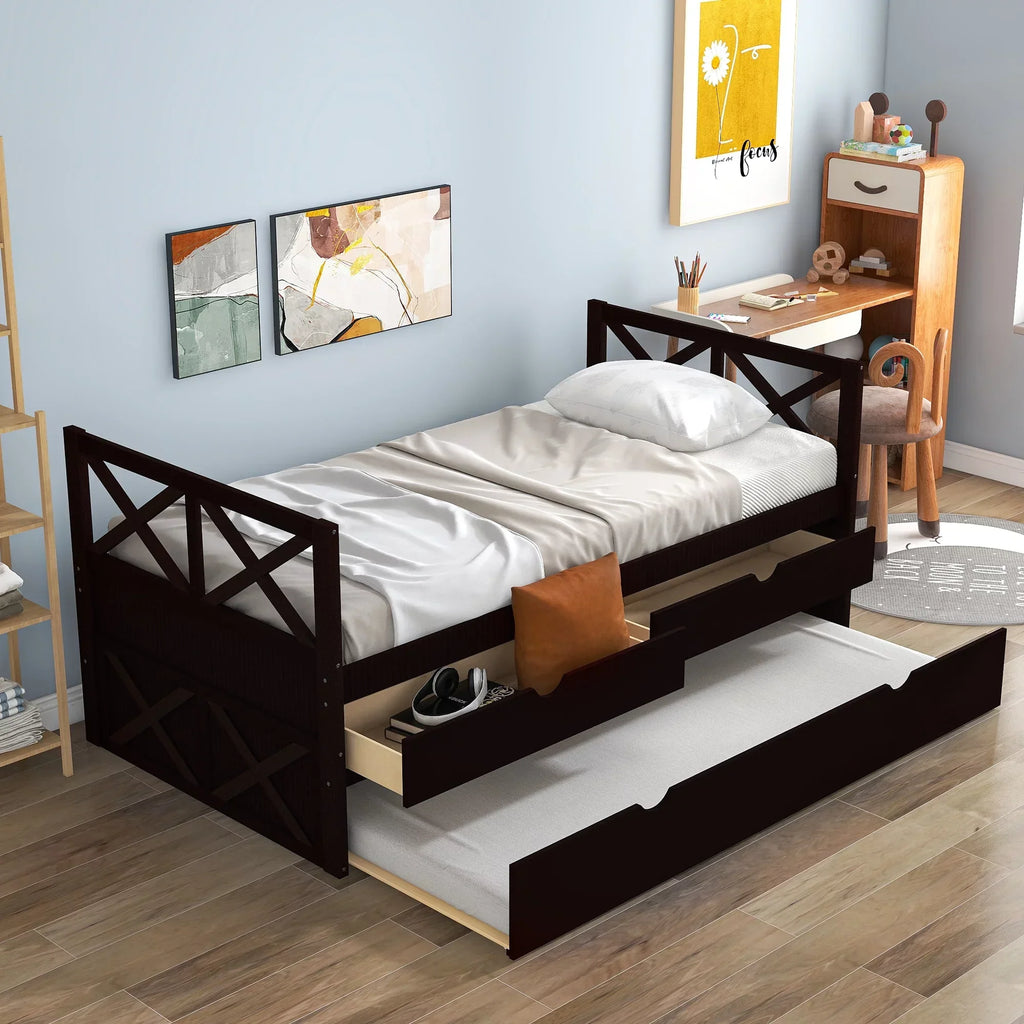 Captain Wood Twin Bed With Trundle And 3 Drawers, Brown, 78.9 in L x 42.7 in W x 36.2 in H