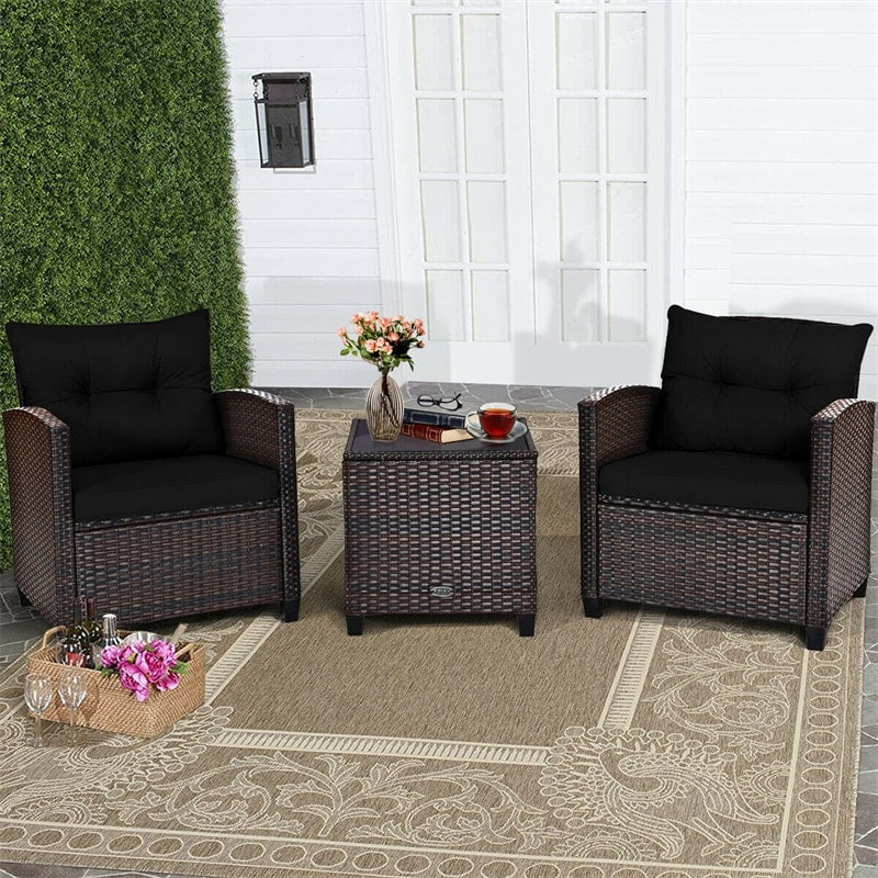 3-Piece Rattan Patio Conversation Set With Cushions And Coffee Table