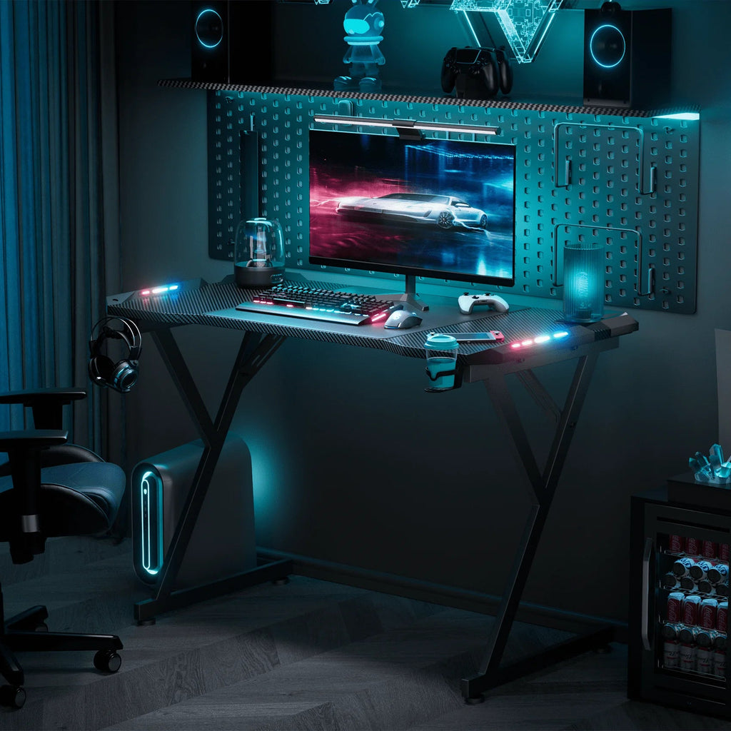HLDIRECT Gaming Desk With LED Lights, Carbon Fibre Surface, Black - 47 Inch