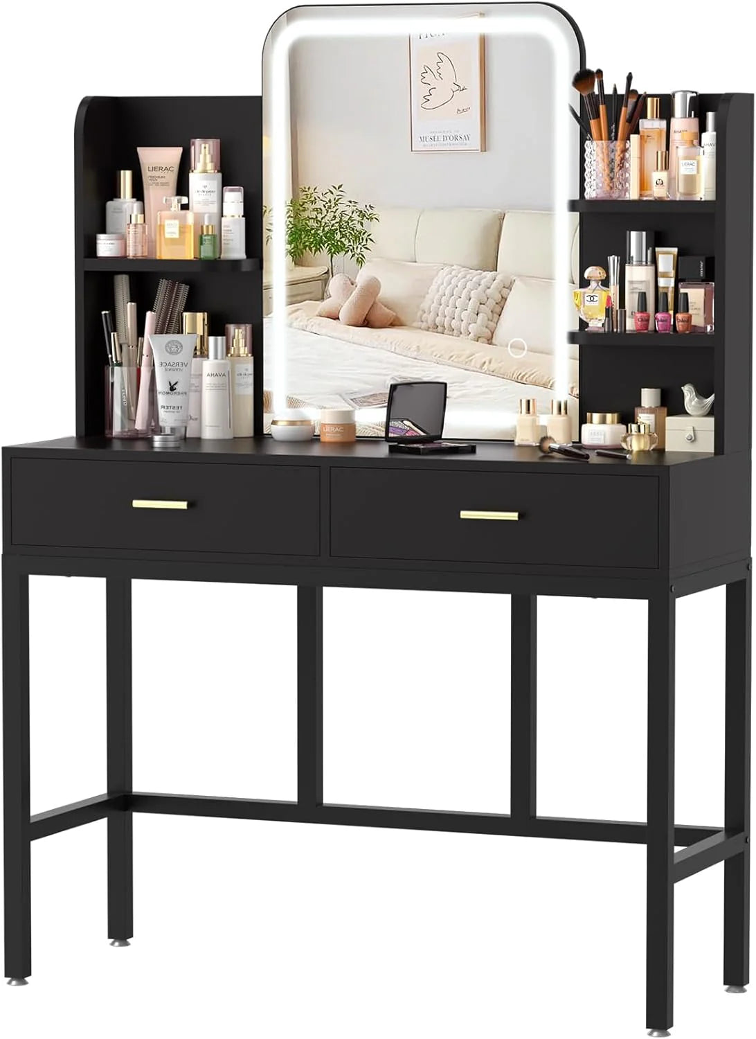 Cyclysio Makeup Vanity Desk With LED Mirror, 2 Drawers And 5 Open Shelves