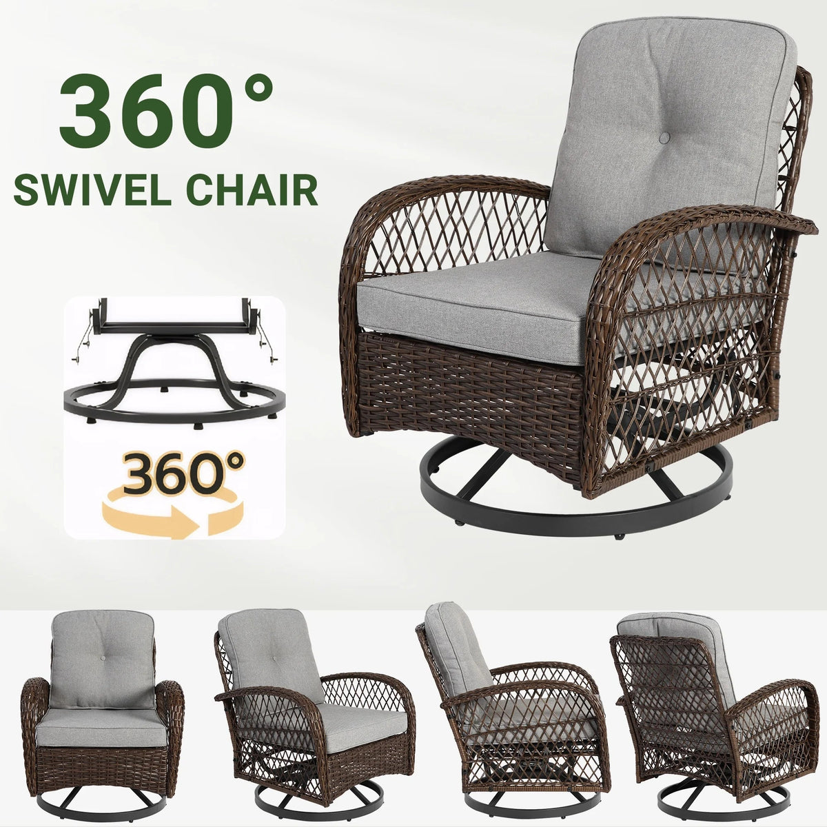 3-Piece Patio Swivel Rocking Chair Set With Glass Top Table - 2 Chairs