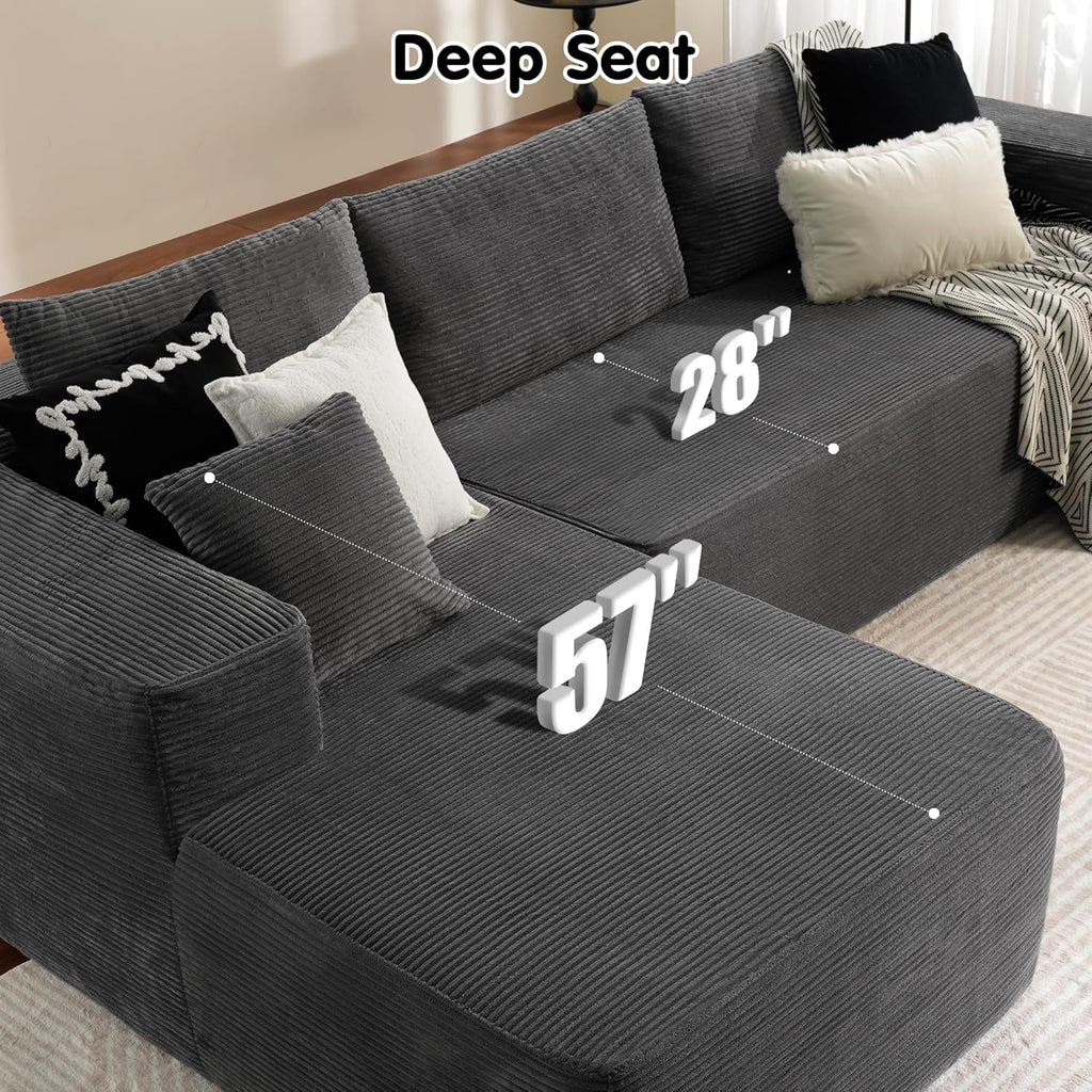 ovios 104in L-Shape Sectional Sofa With Chaise, Grey Plush Corduroy Fabric