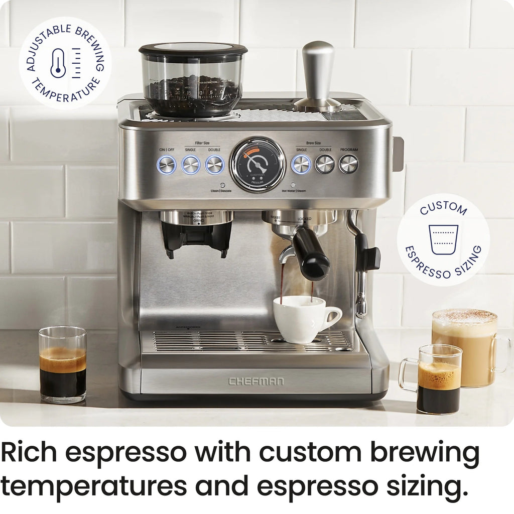 Chefman Crema Supreme Espresso Machine With Conical Burr Grinder And Steam Wand, Stainless Steel - RJ54-G-SS