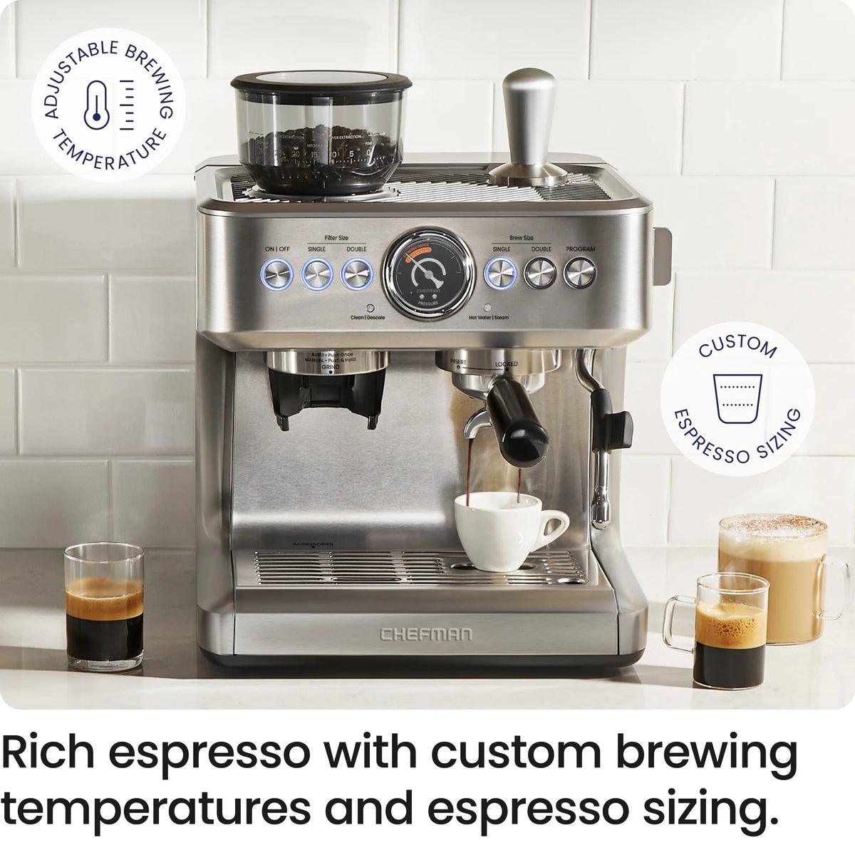 Chefman Crema Supreme Espresso Machine With Conical Burr Grinder And Steam Wand, Stainless Steel - RJ54-G-SS
