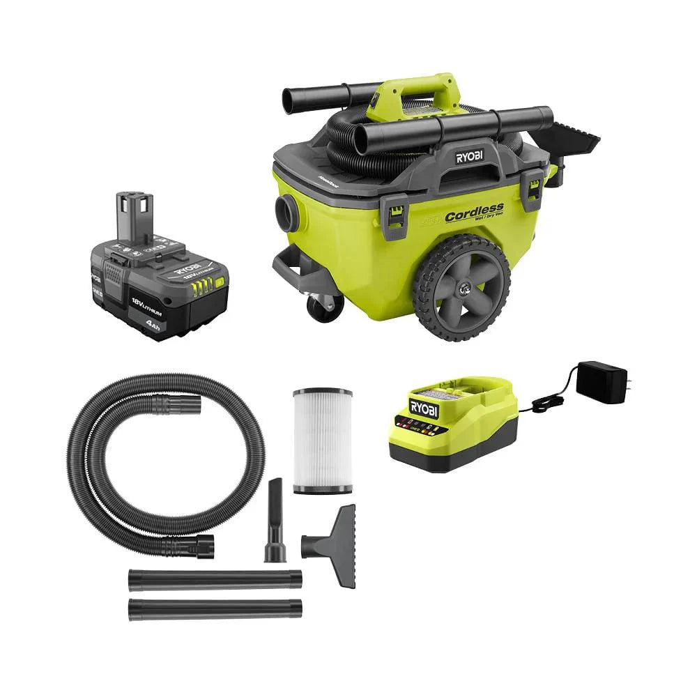 RYOBI ONE+ 18V Cordless 6 Gal Wet/Dry Vacuum Kit With 4.0 Ah Battery And Charger - P770KN