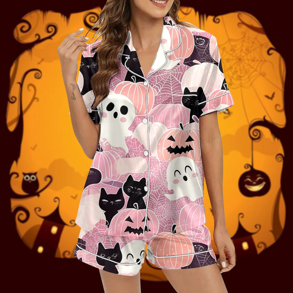 Hpapadks Halloween Pajamas Women Silk Graphic Button Down Short Sleeve Shirts and Shorts 2 Piece Sleepwear Women Pjs Sets Light Pink