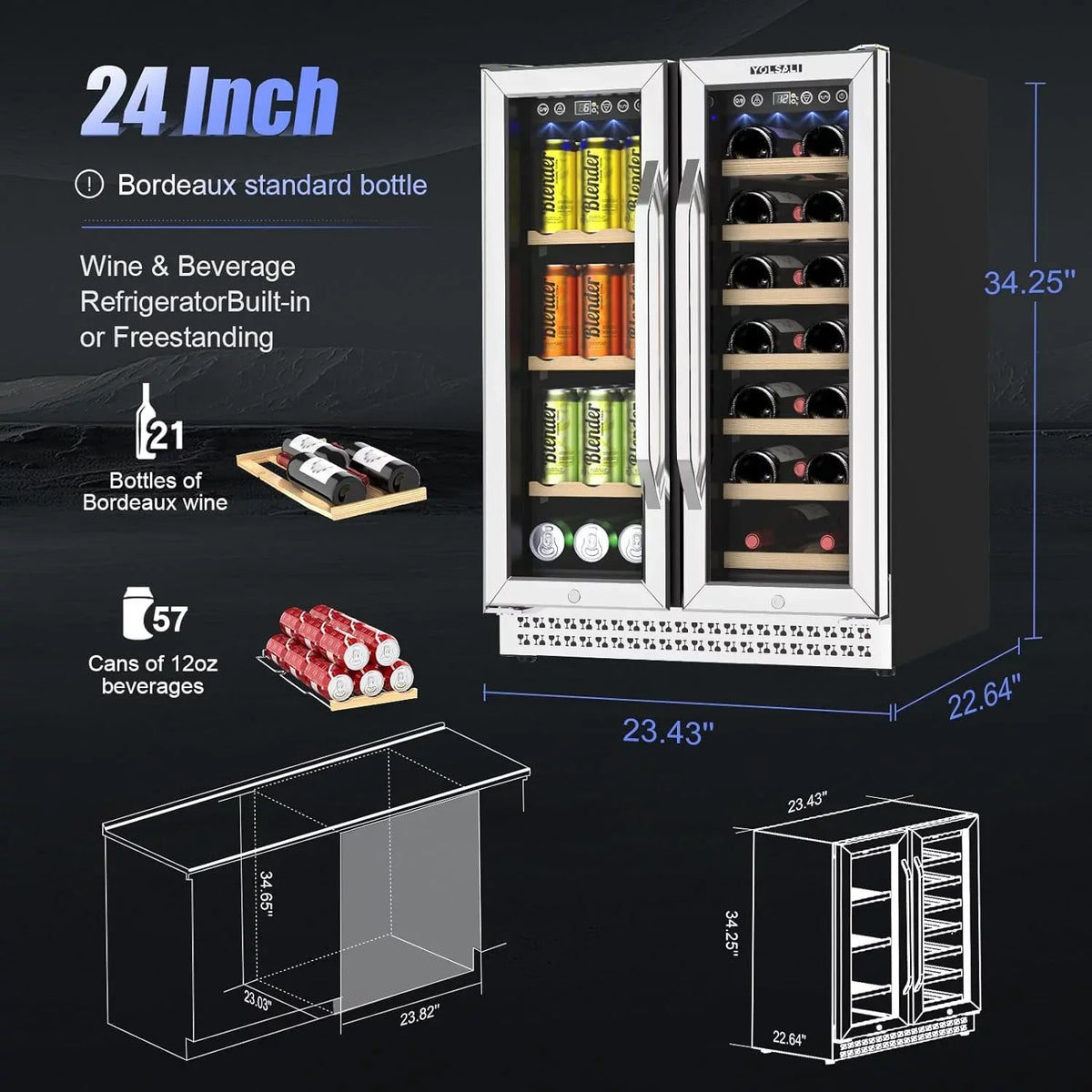 Yolsali 24 Inch Dual Zone Wine Cooler Beverage Refrigerator, 20 Bottles, 57 Cans, Silver