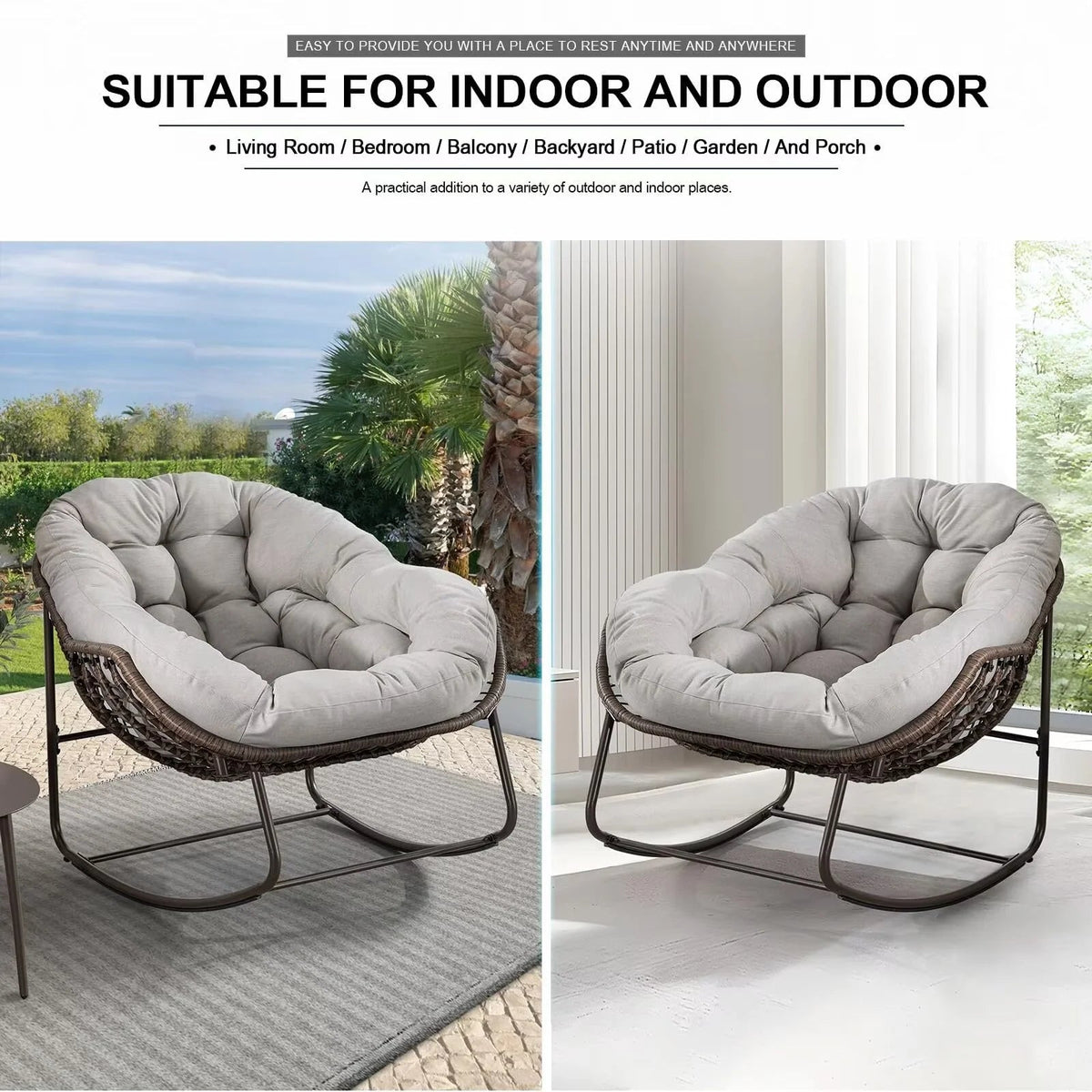 Outdoor Papasan Rocking Chair With Thick Cushion, Grey - 43.70in D x 37.20in W x 31.50in H
