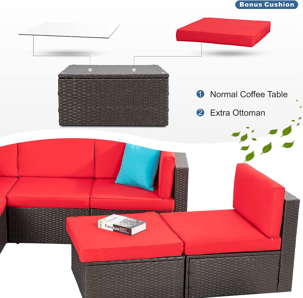 5-Piece All-Weather Wicker Patio Conversation Set With Ottoman And Cushions