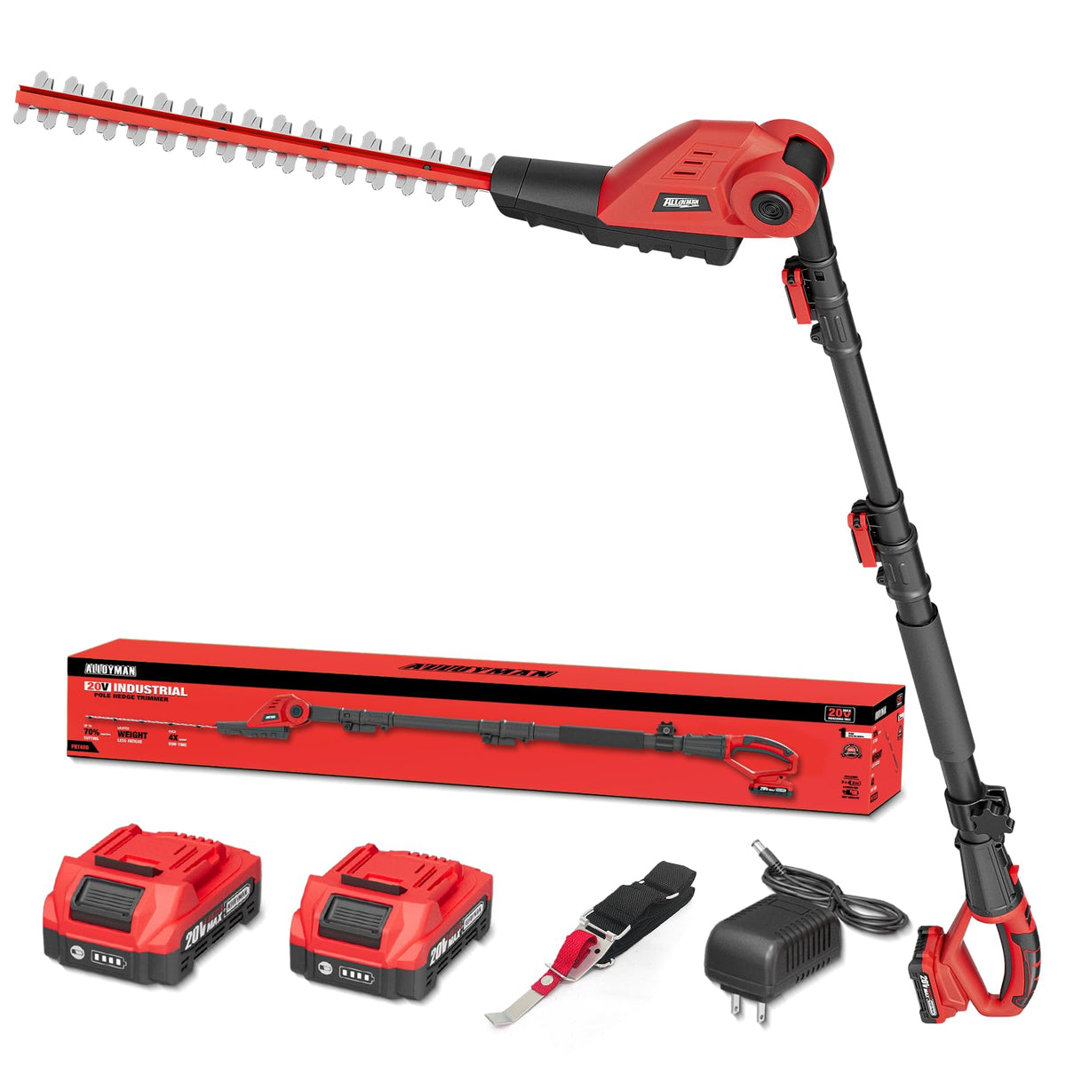 20V Cordless Pole Hedge Trimmer With 16-Inch Blades, 2 2.0Ah Batteries And Charger