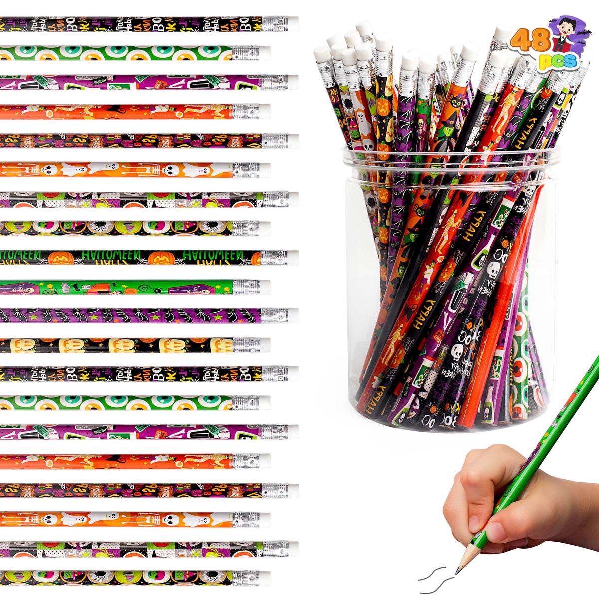 Joyfy 48 Pcs Halloween Pencils Bulk with Eraser for Kids, Colorful Pencils Stationery Pencil Set, Halloween Favors Prizes for Kids, Halloween Bulk Toys