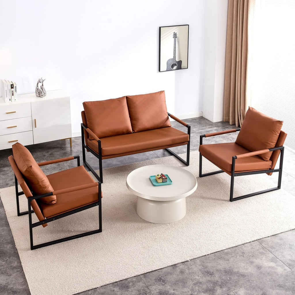 Modern Two-Seater Sofa Chair With 2 Pillows, PU Leather, Brown - SF-D008