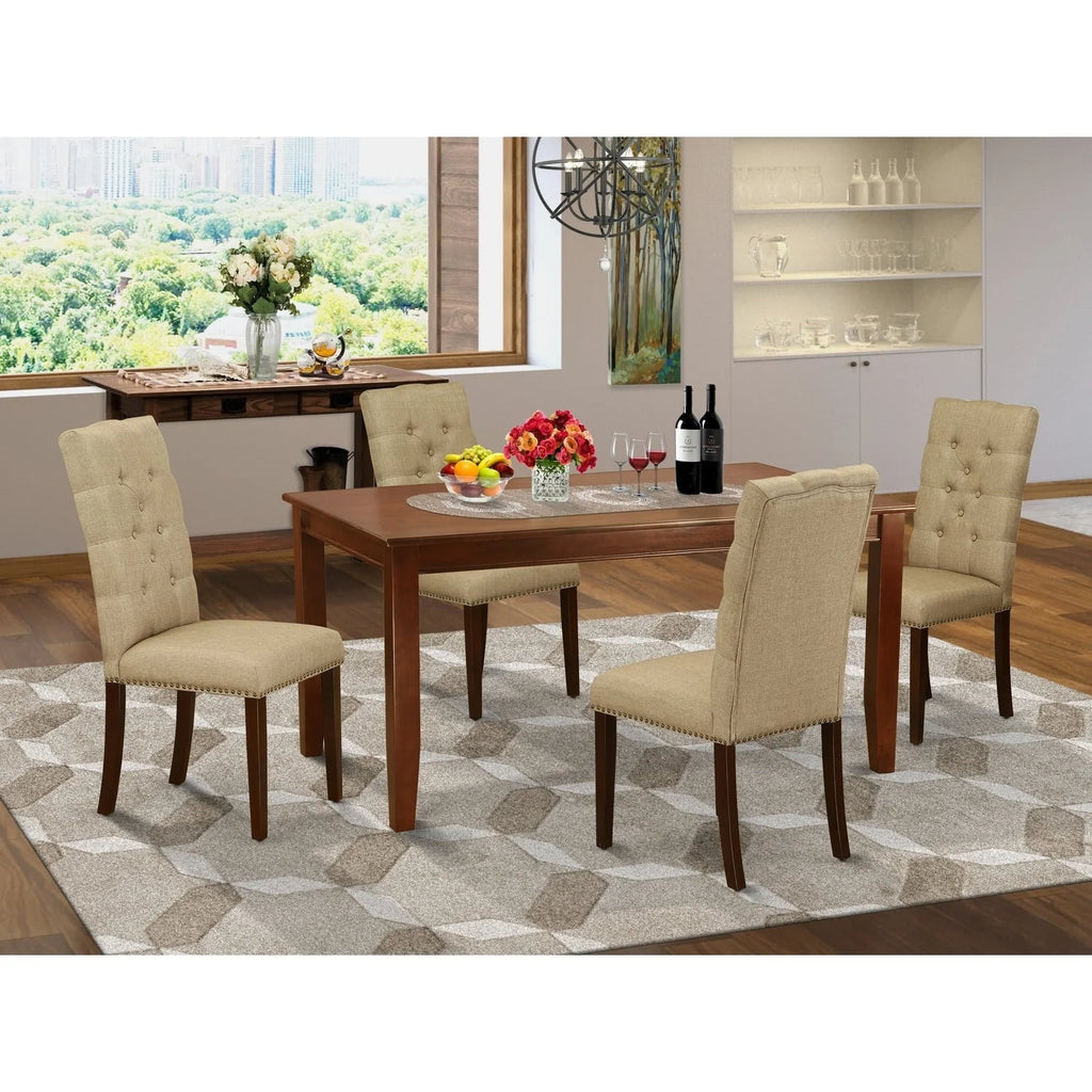 HomeStock 5-Piece Dining Room Set With 4 Parson Chairs And Small Rectangular Table, Hardwood Frame, Mahogany Finish - Victorian Virtue
