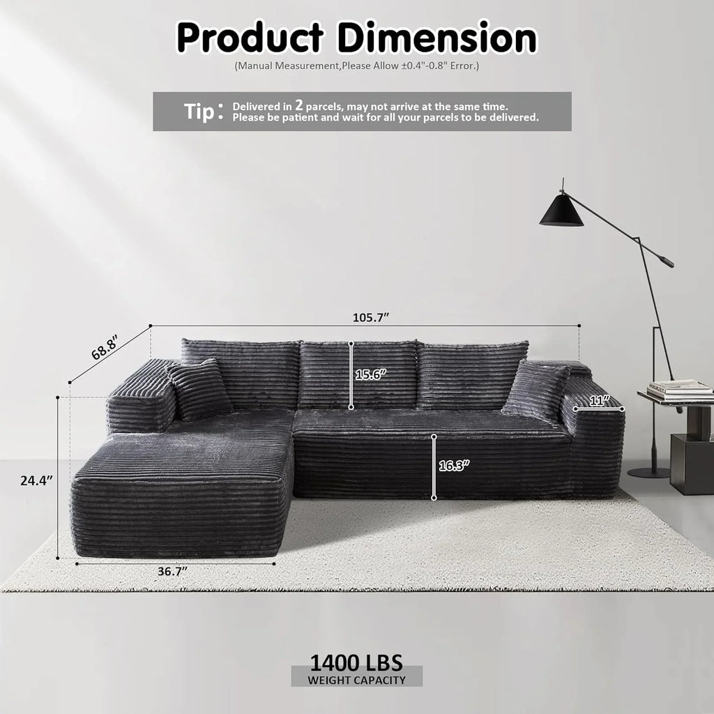 ovios 104in L-Shape Sectional Sofa With Chaise, Grey Plush Corduroy Fabric