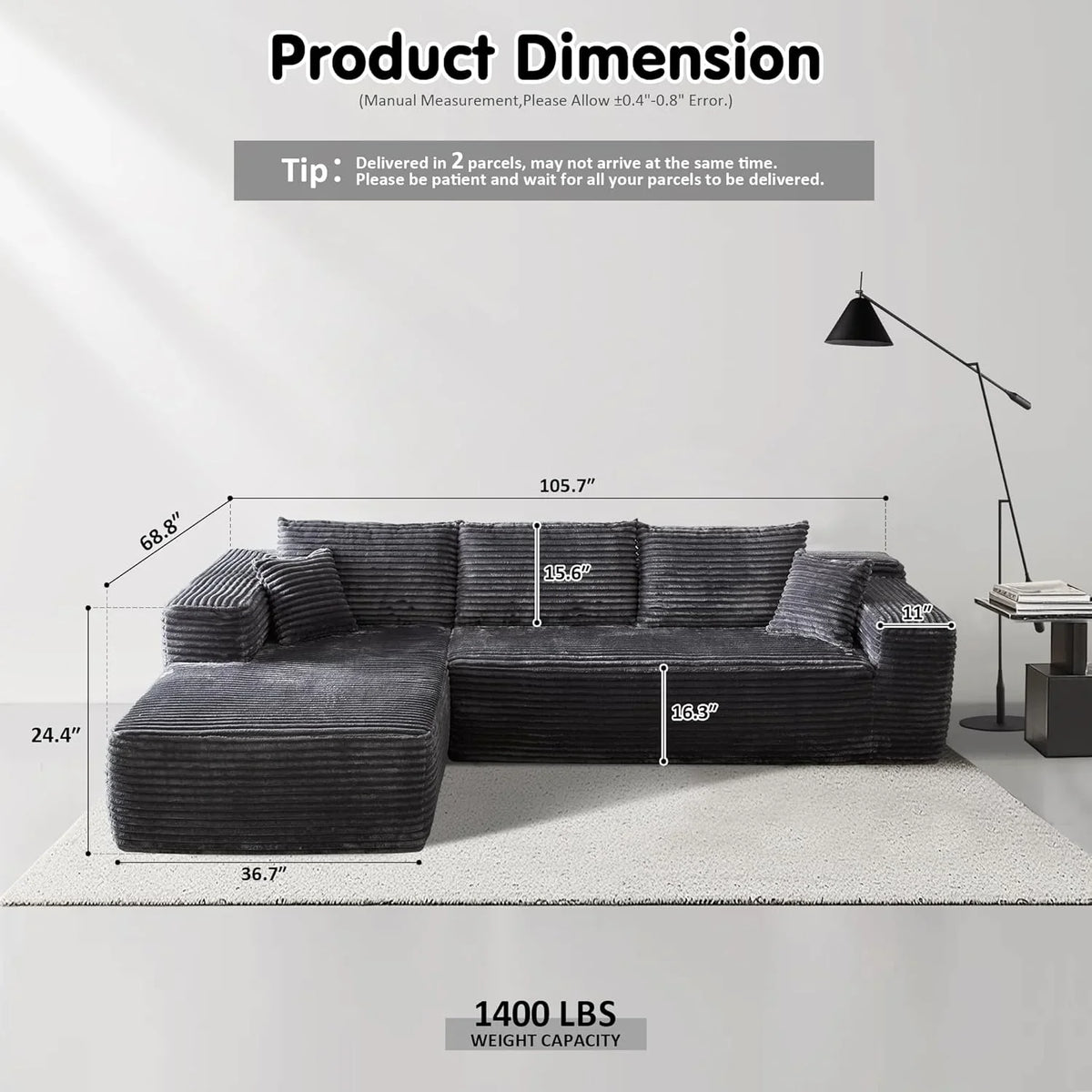 ovios 104in L-Shape Sectional Sofa With Chaise, Grey Plush Corduroy Fabric