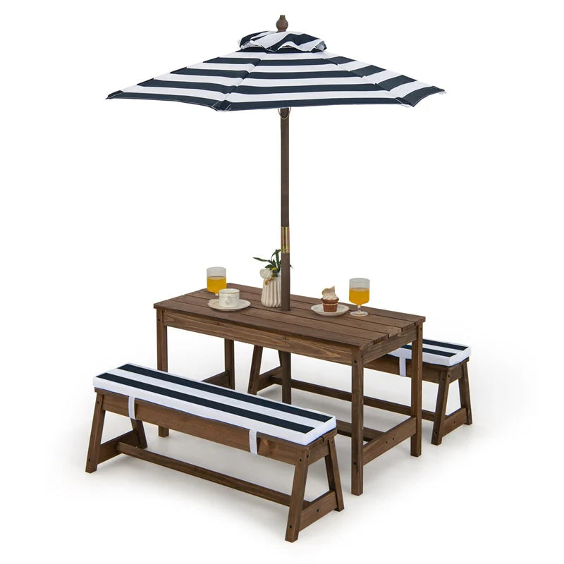 Wooden Kids Picnic Table Bench Set With Cushions And Height-Adjustable Umbrella - 35 in