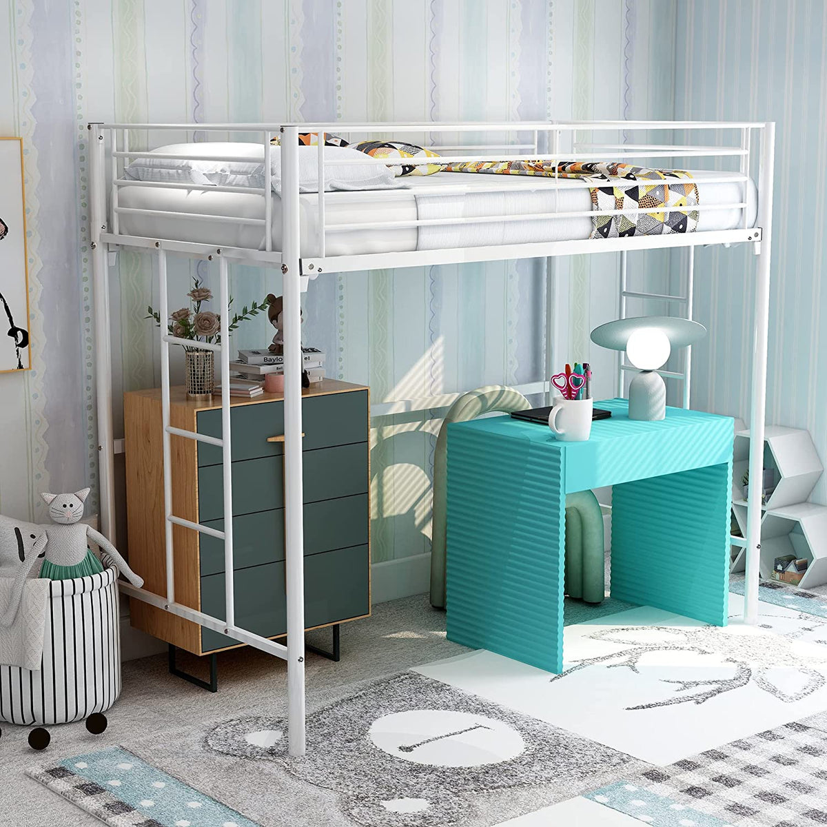 Metal Twin Loft Bed For Kids With Ladders And Safety Guard Rails - White