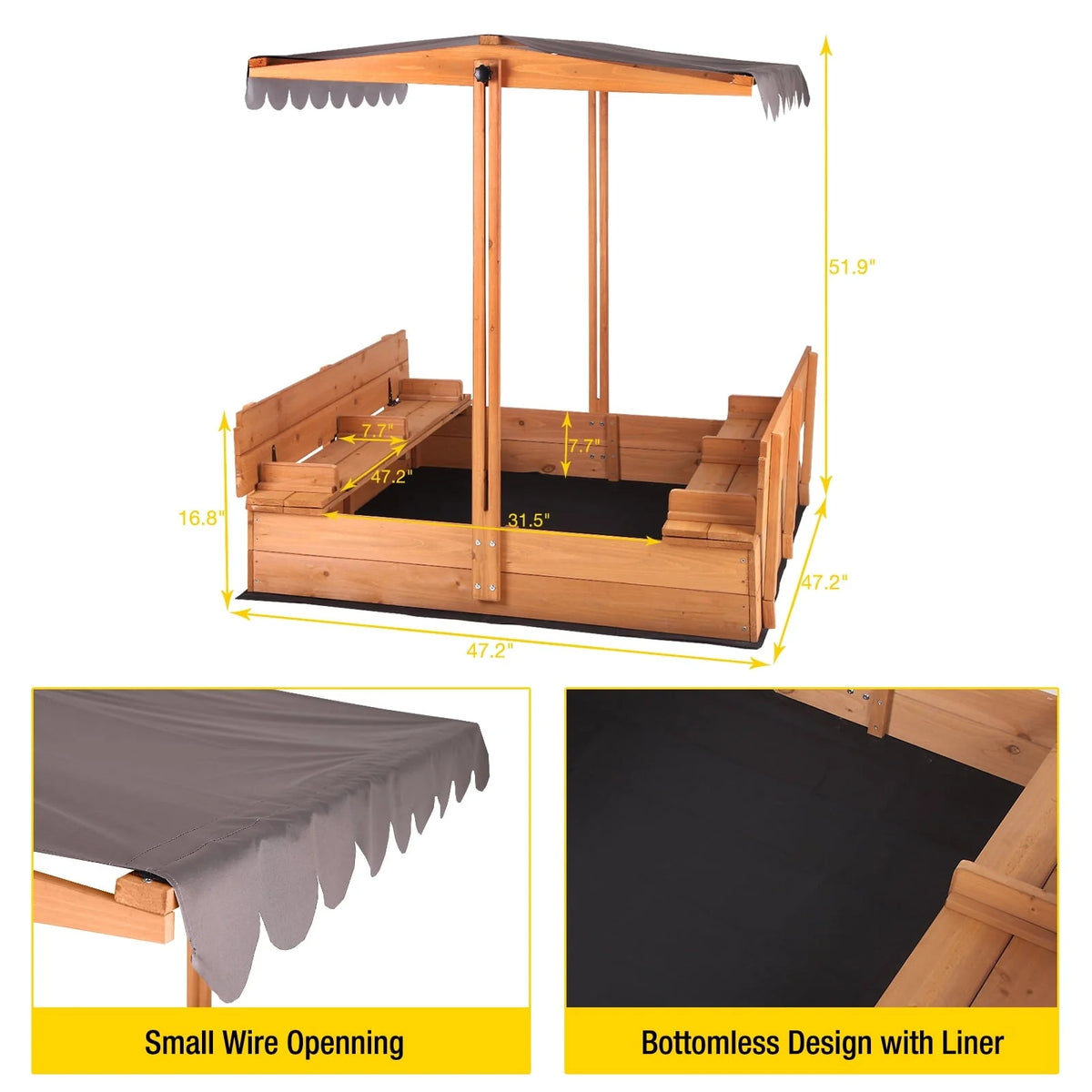 Morgete Outdoor Wooden Sandbox for Kids With Lid and 2 Benches - 47in