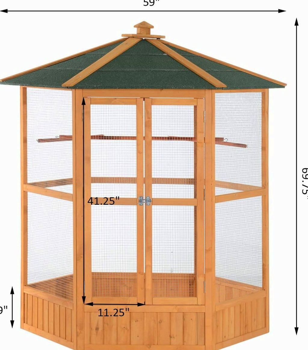 Large Wooden Hexagonal Outdoor Aviary Flight Bird Cage With Covered Roof