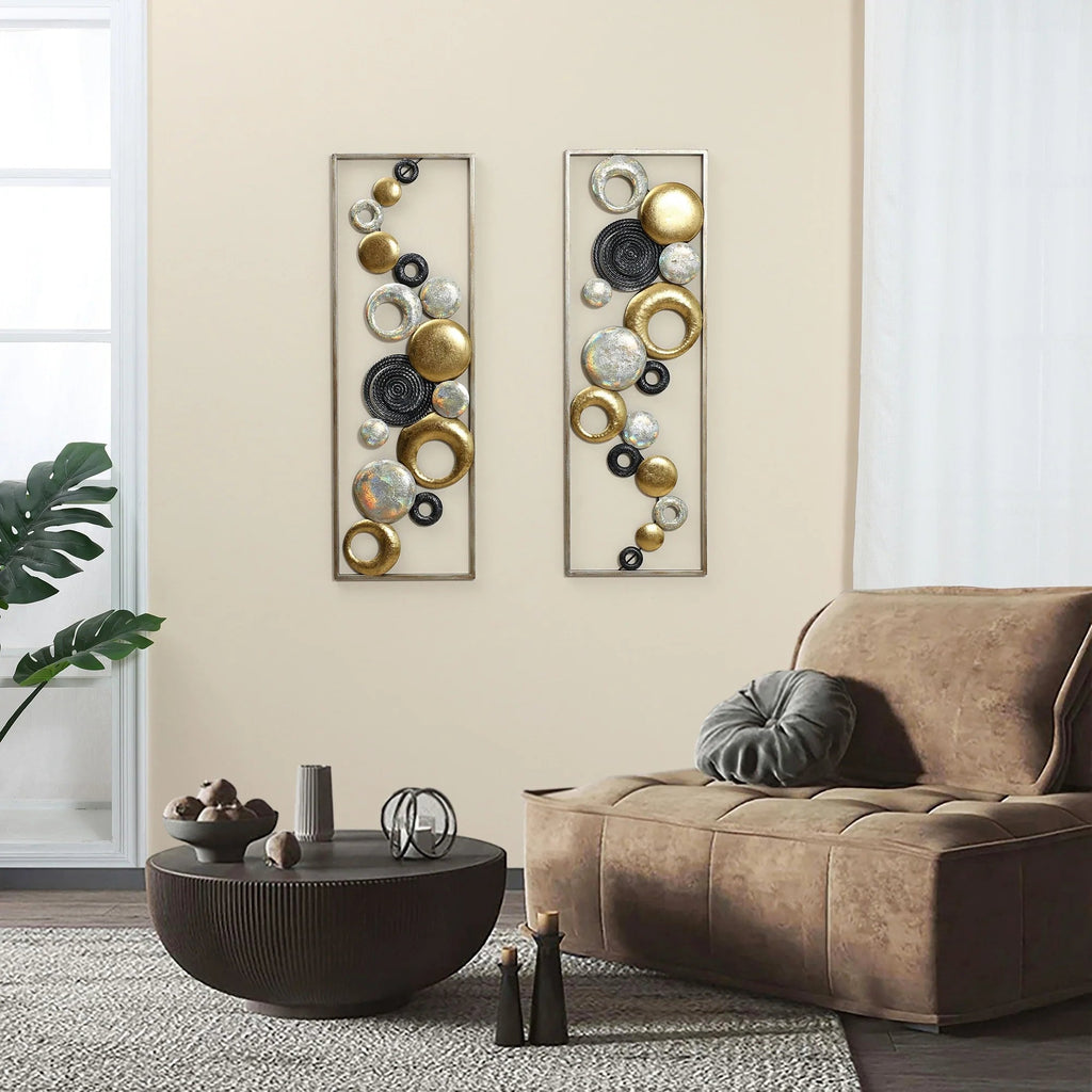 Modern Abstract Metal Wall Decor Panels, Set Of 2, Gold Silver And Black