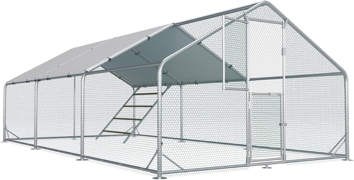 Metal Chicken Run With Feeding Door, Anti-UV Cover And Perch - 6-5x10-ft, 13x10-ft, 20x10-ft Or 26x10-ft