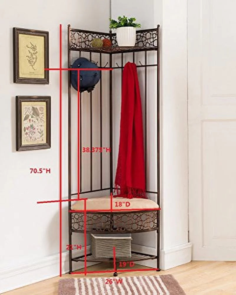 Kings Brand Furniture Metal Corner Entryway Storage Bench With Coat Rack - Brushed Copper