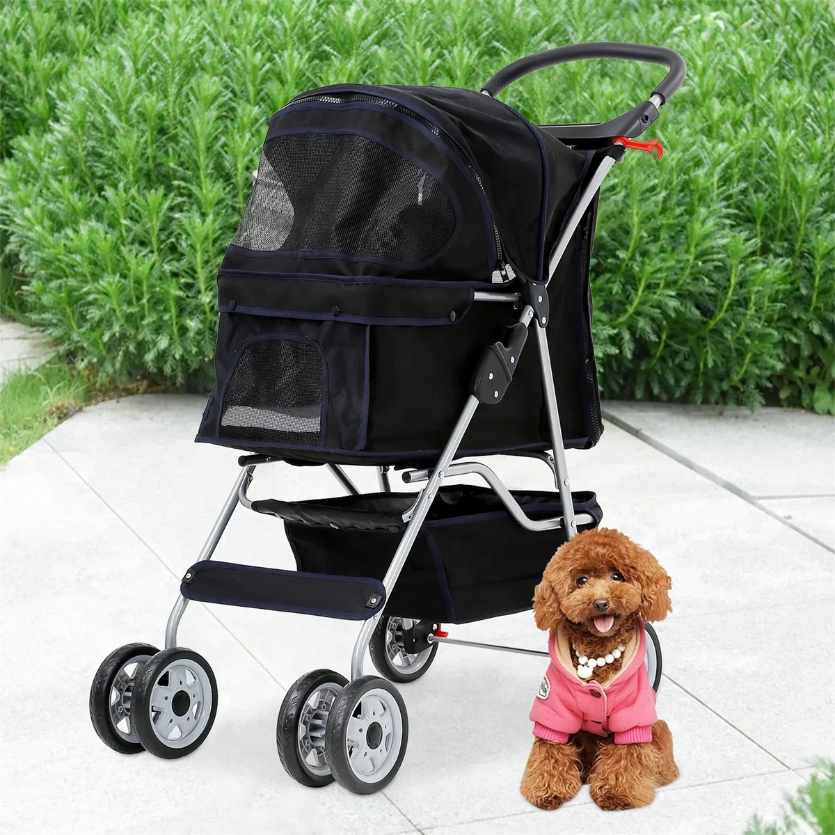 Foldable Dog And Cat Pet Stroller With Storage Basket, Removable Liner And 4 Wheels - Black
