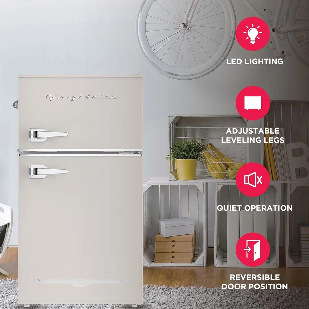 Frigidaire Retro 2 Door Mini Refrigerator With Freezer And Side Bottle Opener, 3.1 Cu Ft, 19in D x 20.5in W x 33.5in H