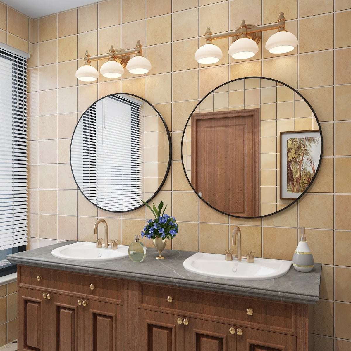 Round Metal Black Frame Bathroom Vanity Mirror - Wall Mounted