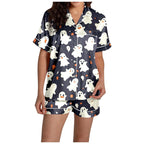 MEZZALL Women Halloween Printed Pajama With Lapel Collar Short Sleeve Tops And Shorts For Home Wear Cozy For Lightweight And Breathable Comfort Relaxed Fit 2 Piece Pjs