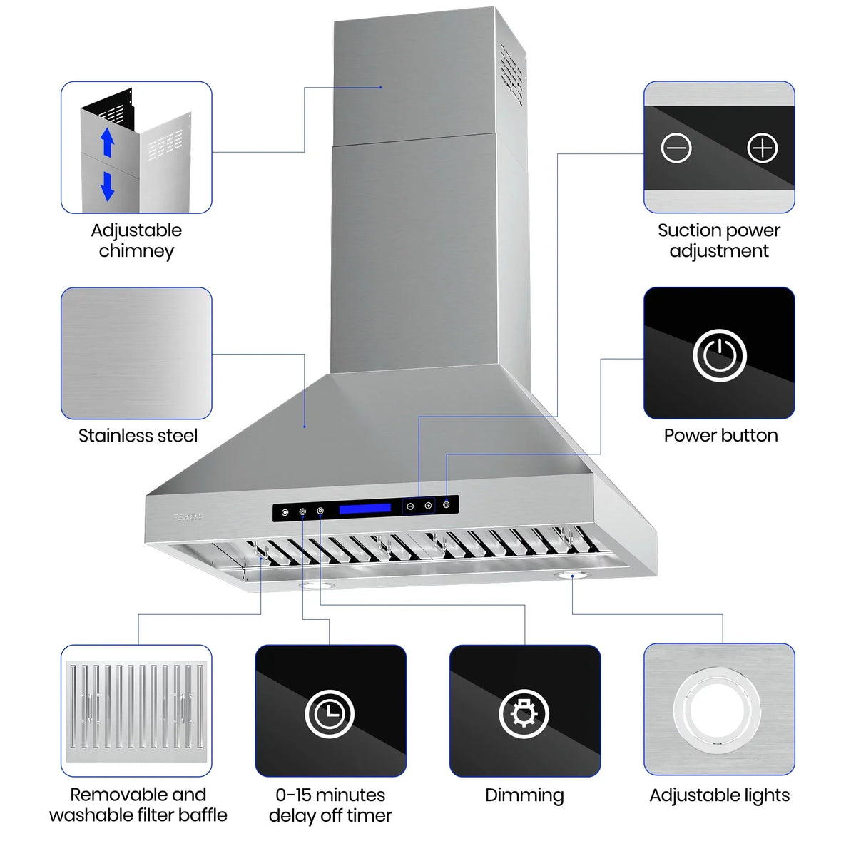 EKON KITCHEN EXPERT 36 Inches Stainless Steel Convertible Wall Mount Range Hood With Charcoal Filter And Remote Control - NAP04-36