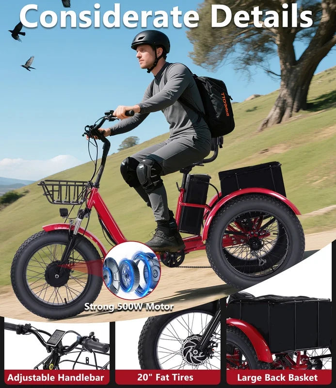 YEBEI Folding Electric Tricycle for Adults, 500W Motor, 48V15AH Lithium Battery, 20 x 4.0 in Fat Tires