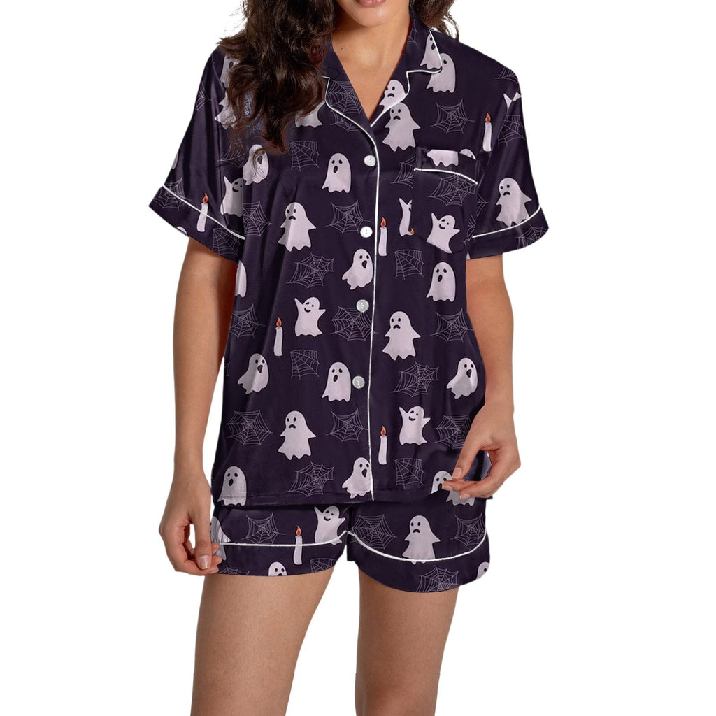 ChenYiFH Halloween Pajama Sets For Women 2 Piece Pumpkin Print Shirts And Pajamas Shorts Button Down Short Sleeve Sleepwear Black S