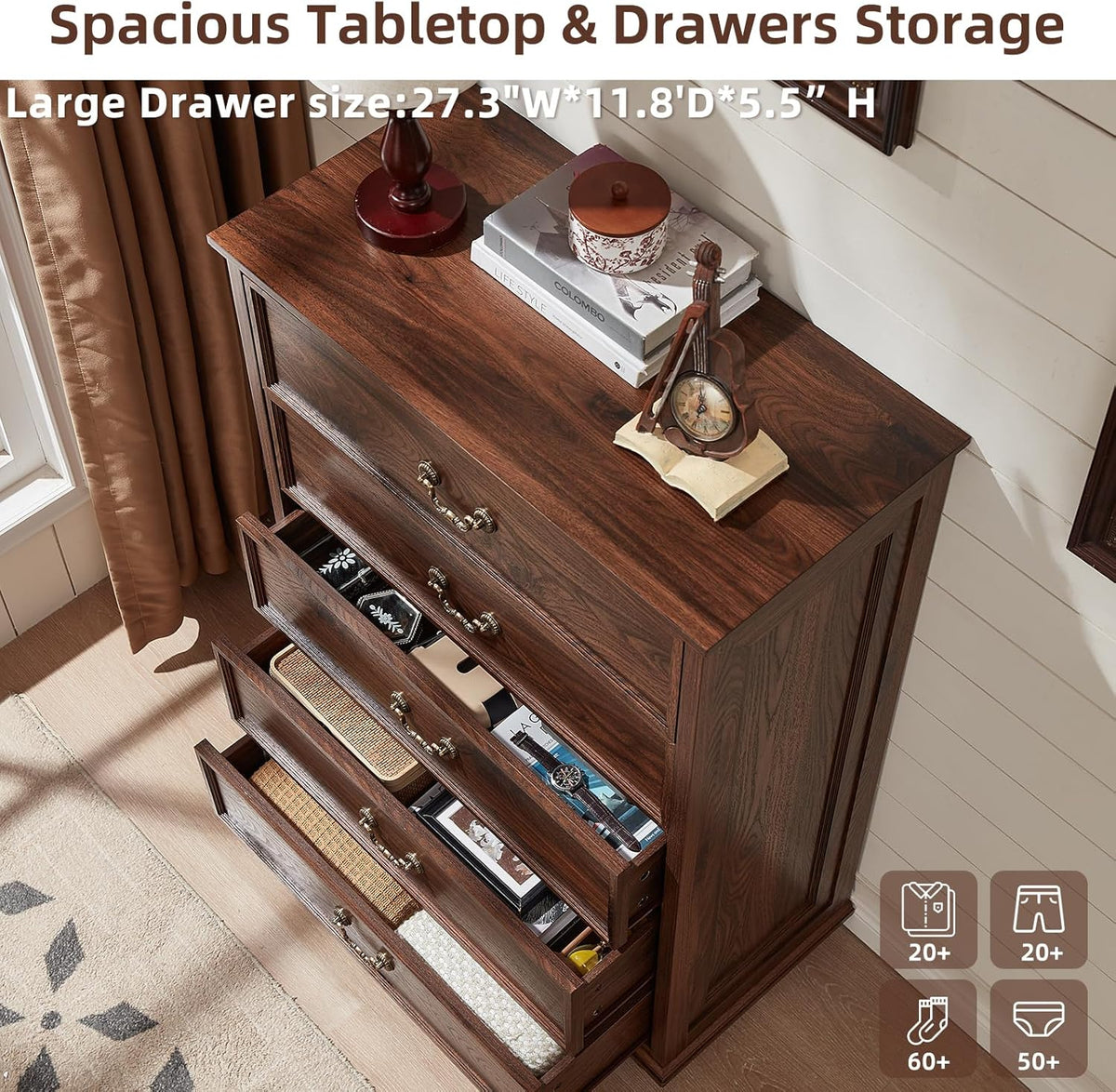 Joaxswe Farmhouse 5 Drawer Dresser, 31.5in W x 15.74in D x 44.9in H, Brown