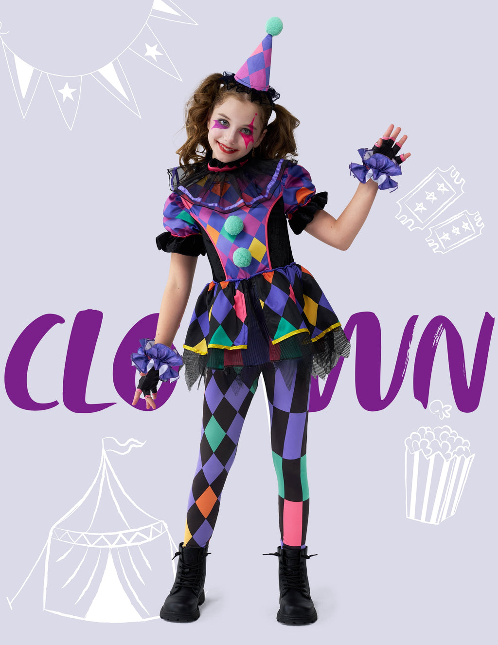 Joyfy Girls Clown Costume, Halloween Scary Clown Costume, Dark Colorful Twisted Clown Jester Dress for Girls Halloween Dress Up, Role Play, Cosplay Party