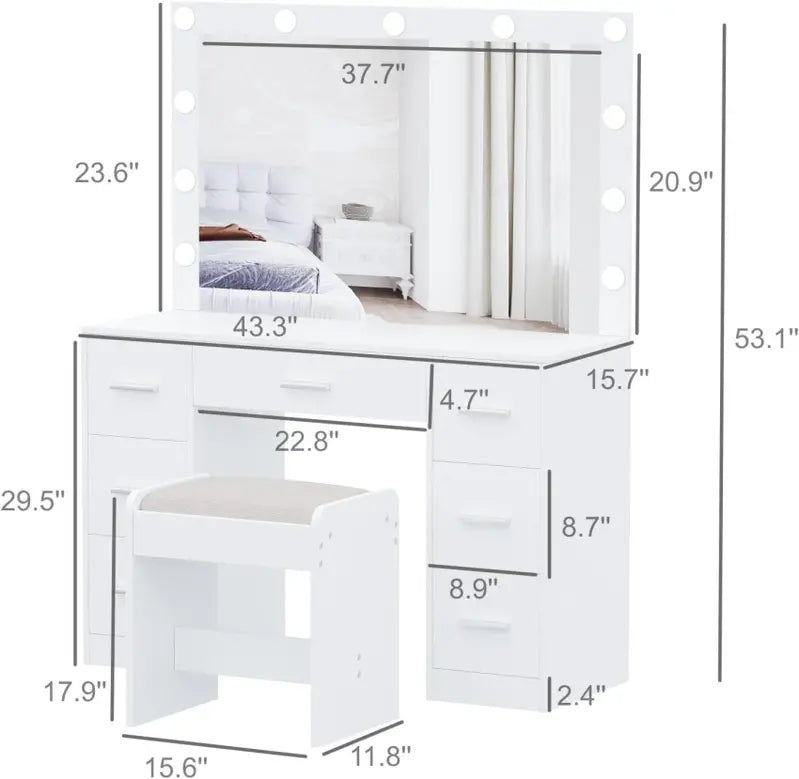 Vanity Desk Set With 11 LED Lighted Mirror, Stool, 3 Color Lighting, White, 15.7 inch, 43.3 inch, 53.1 inch