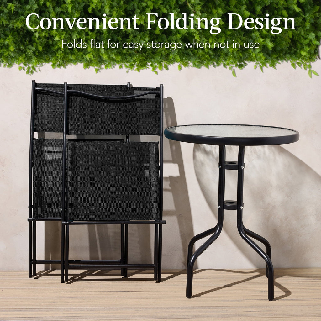 Best Choice Products 3-Piece Patio Bistro Dining Set With Glass Tabletop And Folding Chairs - Gray