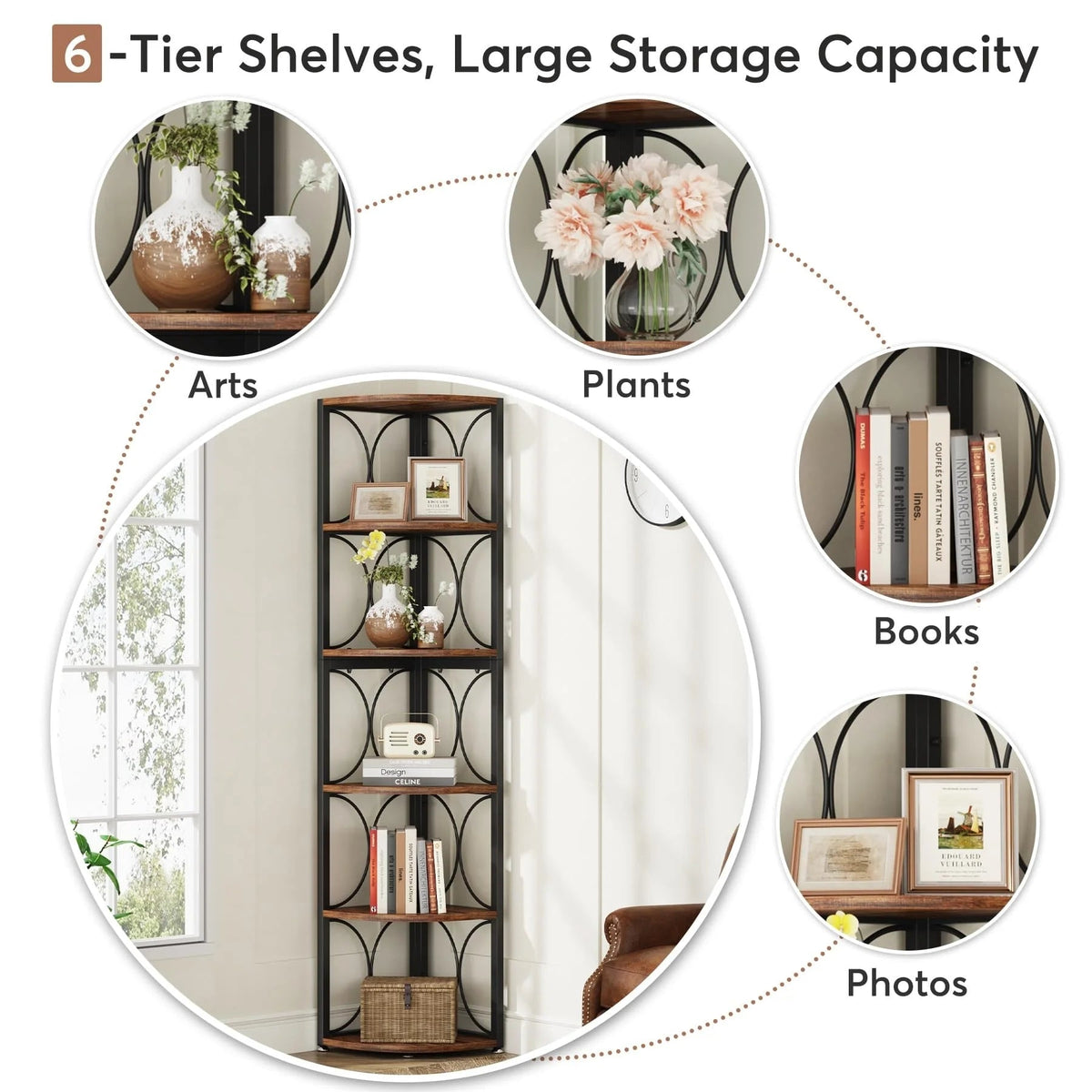 67 Inch Tall 6-Tier Freestanding Corner Bookshelf and Storage Shelving Unit